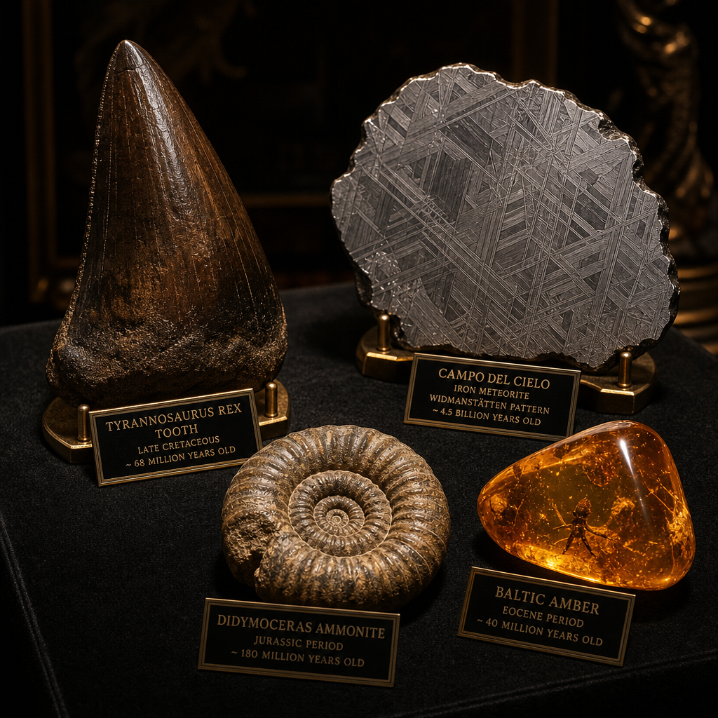 A curated display of a Tyrannosaurus rex tooth, iron meteorite slice, ammonite, and Baltic amber